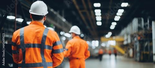 Composite image of Caucasian male colleagues in a factory discussing safety during National Safety Month