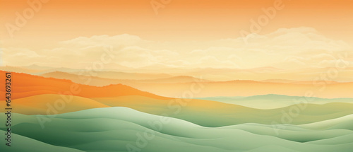 Kolorowe tło 3d z falistych warstw - kolory pomarańczowy, zielony i żółty. Pagórki, doliny i niebo latem.