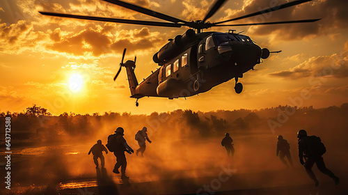 Marines descending helicopter drops during sunset. Generative Ai