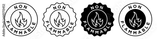 non flammable icon. No toxic heat resistant gas symbol. Fire proof label sticker vector for product packaging. No flame round stamp