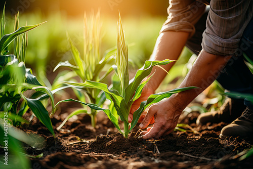Farmer examining corn plant in field. Agricultural activity at cultivated land.