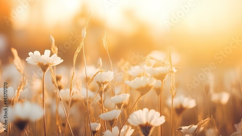 Abstract soft focus sunset field landscape of white flowers and grass meadow warm golden hour sunset sunrise time. Tranquil spring summer nature closeup and blurred forest background. Idyllic nature.