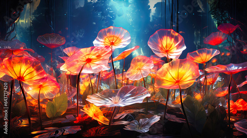 Float amidst the sprawling canopy of neon glass leaves