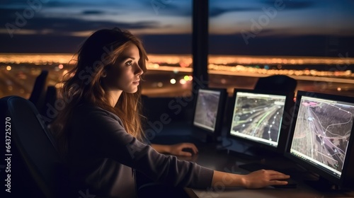 Air traffic controller in the control tower working on his screen, Woman working as air traffic controller.