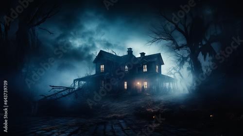 A spooky haunted house with eerie lighting and fog background with empty space for text 