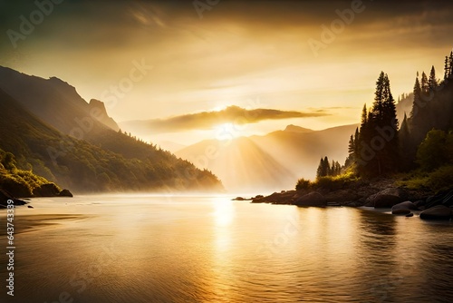  Immerse yourself in the tranquil ambiance of a mountain sunset, as impeccable lighting paints the sky with vivid colors
