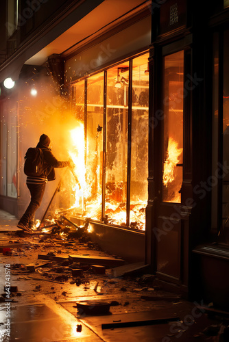 Pogroms and riots in night city. People smash shop windows with firebombs