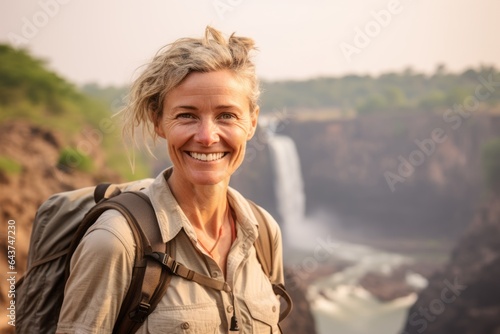 Environmental portrait photography of a joyful mature woman wearing an intricate lace top at the victoria falls in livingstone zambia. With generative AI technology