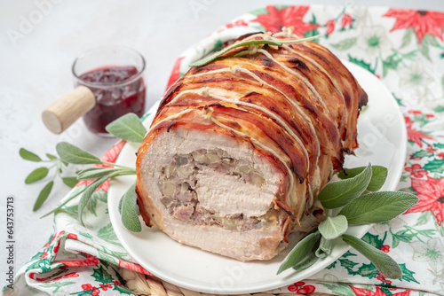Pork Loin Roll Stuffed with Chicken Breast, Apples, Cranberries, Walnuts and Herbs