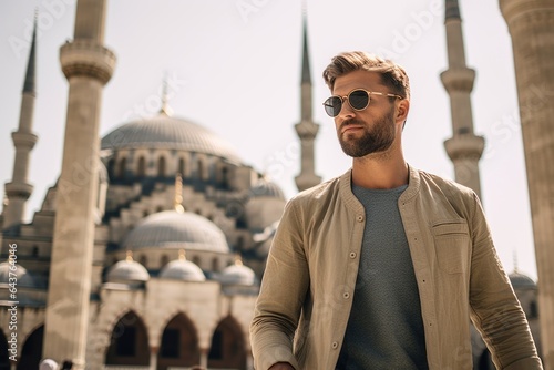 Lifestyle portrait photography of a content boy in his 30s wearing a long-sleeved thermal undershirt at the blue mosque in istanbul turkey. With generative AI technology