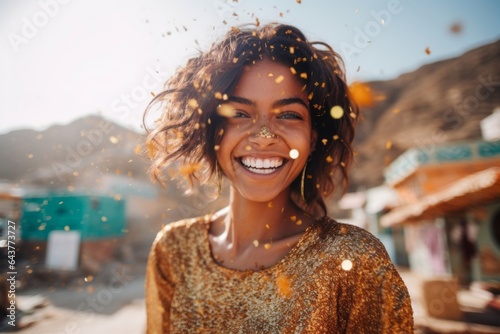 Medium shot portrait photography of a cheerful girl in his 20s wearing a glamorous sequin top at the socotra island in yemen. With generative AI technology