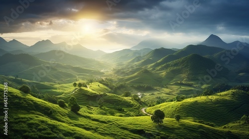  a scenic view of a lush green mountain valley with a road running through it. generative ai