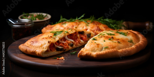 Delicious pizza calzone with tomato sauce and cheese on white plate