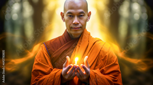 Asian monk in a Buddhist temple. Buddhist monk holding candle cup in the dark. Religious concept. digital ai art