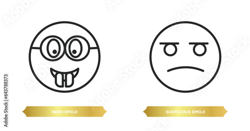 two editable outline icons from emoji concept. thin line icons such as nerd emoji, suspicious emoji vector.