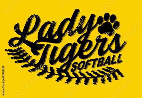 distressed lady tigers softball team design with stitches and paw print for school, college or league sports