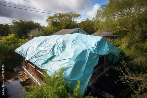 Roof covered with plastic tarp after Hurricane Ian for protection against rainwater. Impacted house by a natural disaster. Generative AI