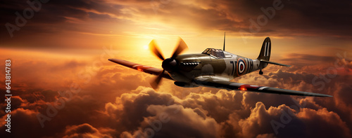 Illustration of airplane depicting Supermarine Spitfire, famous fighter plane from second world war, gorgeous sunset background, horizontal, copy space