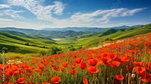 Rolling hills of blooming poppies in vibrant shades of red 