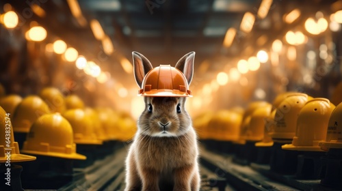 A rabbit wearing a hard hat sitting on a conveyor belt. Generative AI.