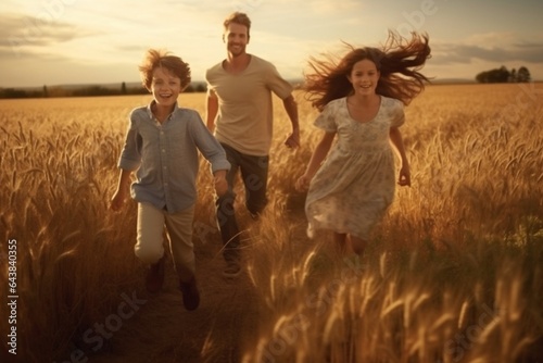Generative AI : Happy family mother father children son and daughter running back on nature on sunset