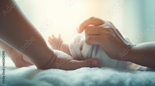 Generative AI : concept of love parenthood motherhood tiny newborn baby foot in mother hands