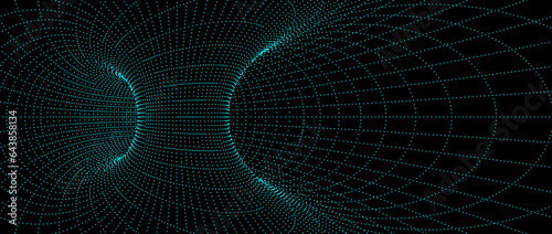 Wormhole wireframe structure. Neon geometric dotted outline grid tunnel backdrop. 3D funnel or vortex texture. Blue dashed abstract energy lines on dark background. Vector illustration wallpaper