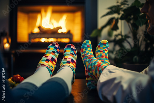 Couple watching tv happily at home and wearing socks
