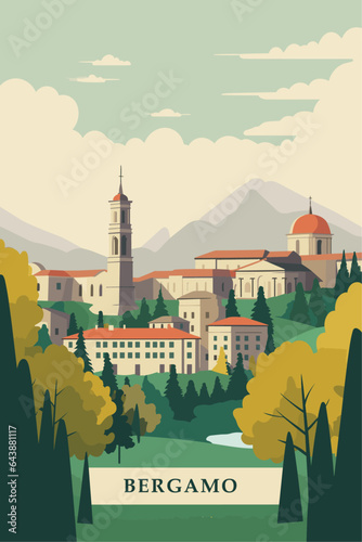 Italy Bergamo city retro poster with abstract shapes of skyline, landscape, houses and mountains. Vintage cityscape travel vector illustration of Lombardy Italian town panorama.