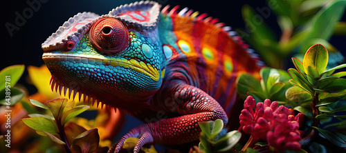 A beautifully colored chameleon perches on a vibrant leaf, vivid hues in its natural rainforest ,Generated with AIhabitat.