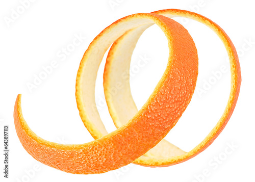 Fresh orange peel isolated on a white background. Spiral form of orange zest.