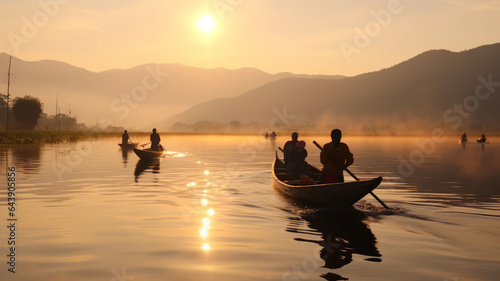 Image of people rowing boats to catch a lot of fish at Inle, Burma, morning light.generative ai