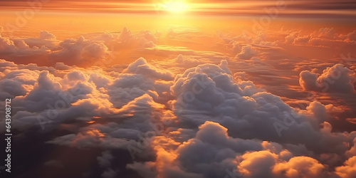 Beautiful sunset sky above clouds with dramatic light. Cabin view from airplane generative ai