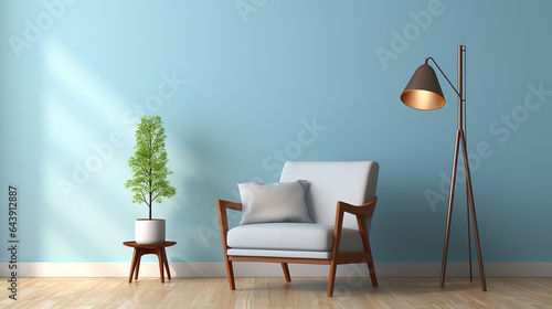 mid century armchair and floor lamp near light blue wall