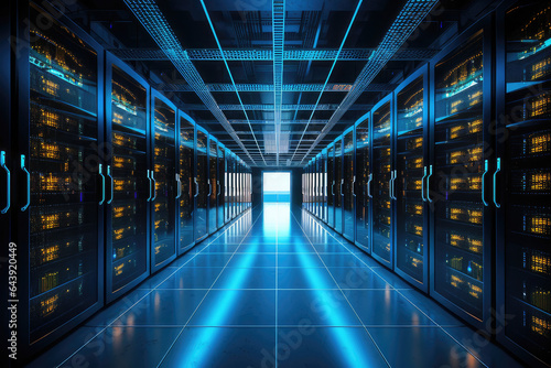 A well-organized, bustling IT data center with rows of server racks and intricate cable management, showcasing the heart of modern technology businesses.