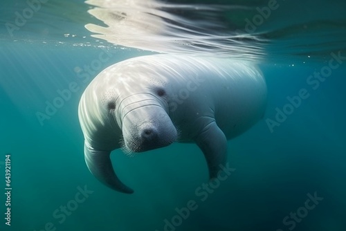 Peaceful dugong swimming near the surface. Adorable marine creature. Endangered sea mammal. (dugong dugon). Generative AI