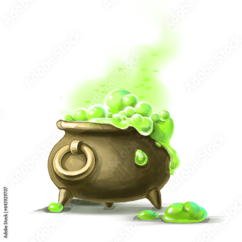 Witch cauldron with magic potion isolated on a white background