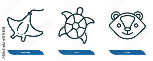 set of 3 linear icons from animals concept. outline icons such as manta ray, turtle, skunk vector
