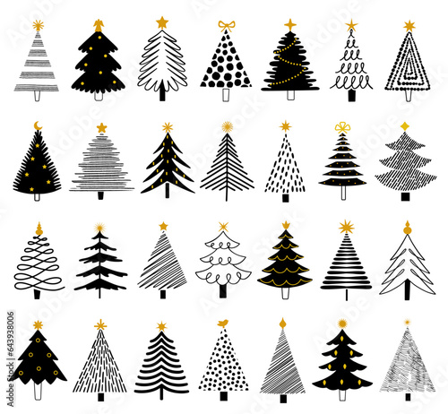 Vector set of doodle christmas tree with star. Hand drawn collection of ink fir shape, doodle drawing woods