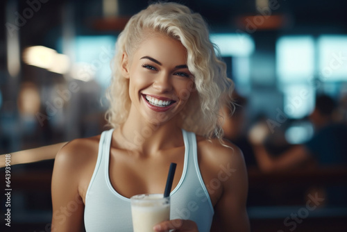 Smiling woman with cup of shake in gym