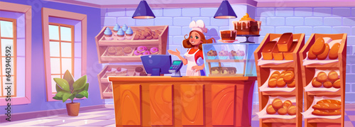 Woman near bakery shop counter vector cartoon background. Baker in confectionery cafeteria with modern interior. Donut, bun, dessert and bread production canteen showcase with happy character scene