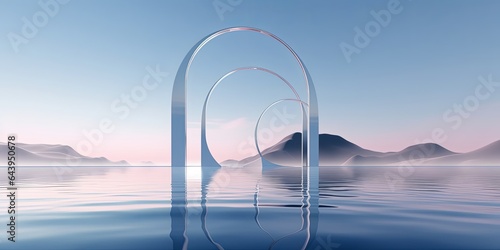 3d render, abstract zen seascape background. Nordic surreal scenery with geometric mirror arches, calm water and pastel gradient sky. Futuristic minimalist, Generative AI