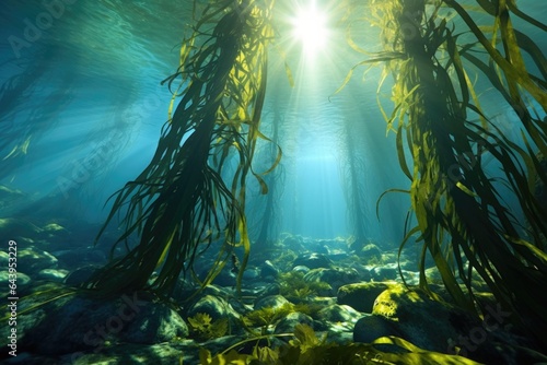 sunlit kelp forest with clear blue background