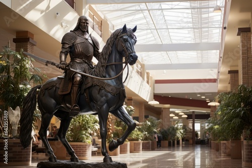a statue of a medieval knight at a modern shopping center