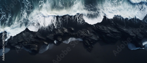 Czarna plaża - tło. Ciemny piasek i kamienie oraz spienione morskie fale