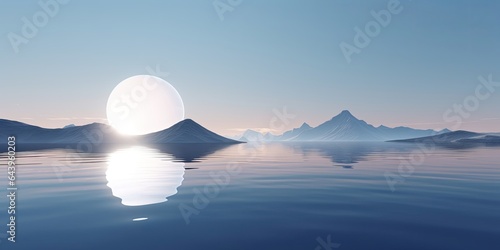 3d render, abstract minimalist background, nordic futuristic landscape, fantastic tranquil seascape with calm water, round mirror disk and pastel blue, Generative AI