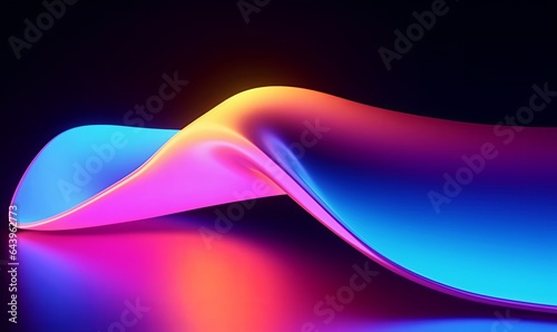 3d abstract background, waving glowing neon ribbon goes around. Minimalist colorful wallpaper, Generative AI