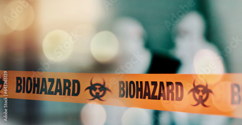 Warning, tape and danger, biohazard and health, infection and barrier with bokeh, blurred background and science. Caution, biology and threat with medical crisis, safety with protection and toxic