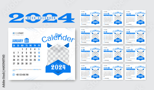 2024 desk calender design, new year schedule. New Year plans for 2024. set of 12 month Desk calendar 2024 template. Monthly Weekly Schedule New Year 2024 Modern Colorful Corporate Calendar Design