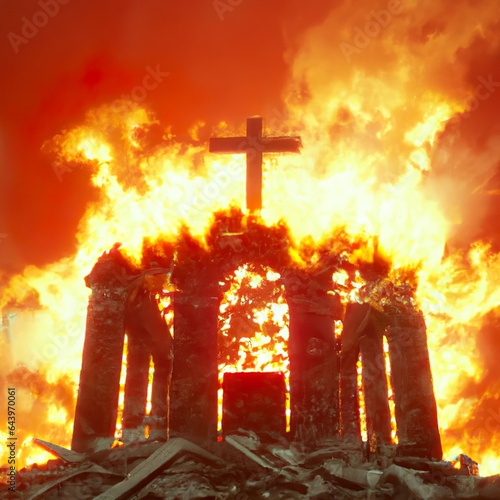 A Christian church being destroyed by fire.